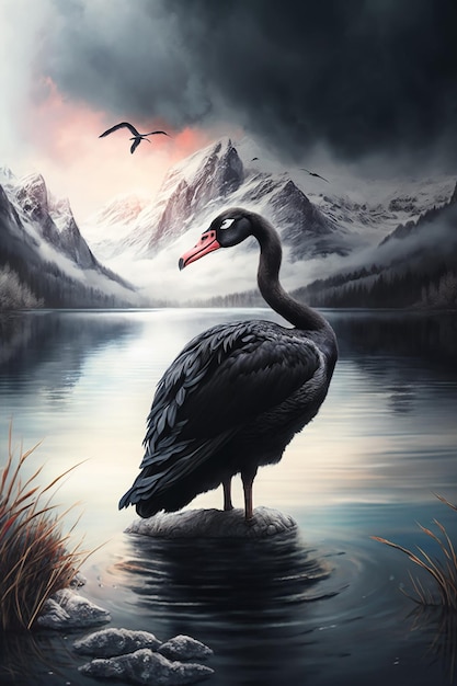 A painting of a black swan with mountains in the background