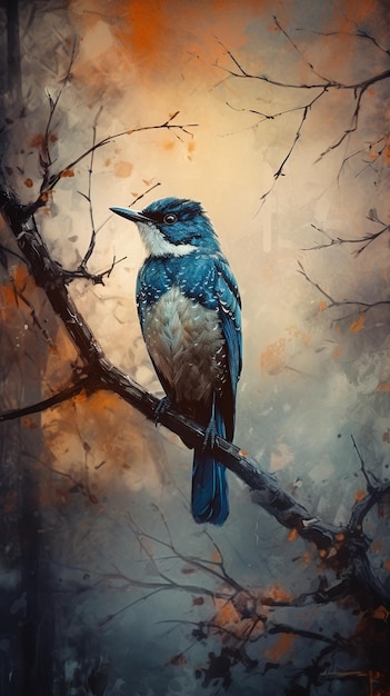 A painting of a blue bird on a branch