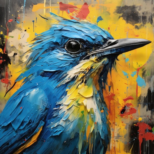 Painting of Blue Bird oil paint strokes on the rustic canvas