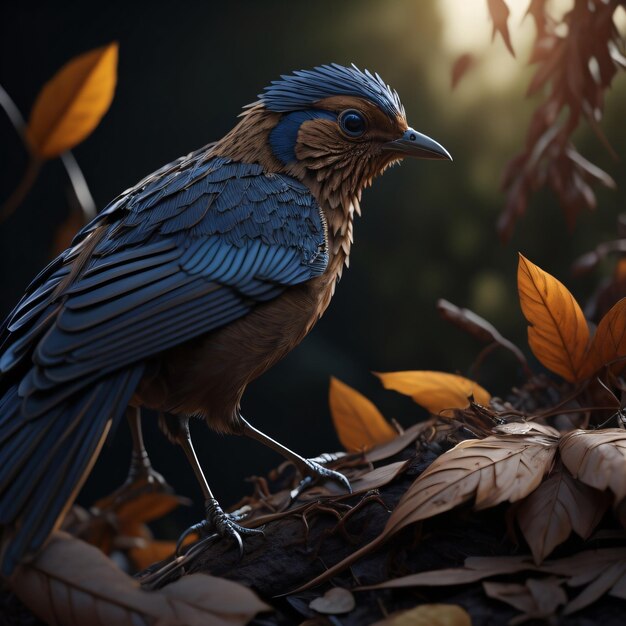 A painting of a blue bird with orange leaves on it