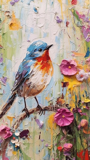 A painting of a blue bird with a red breast sits on a branch.