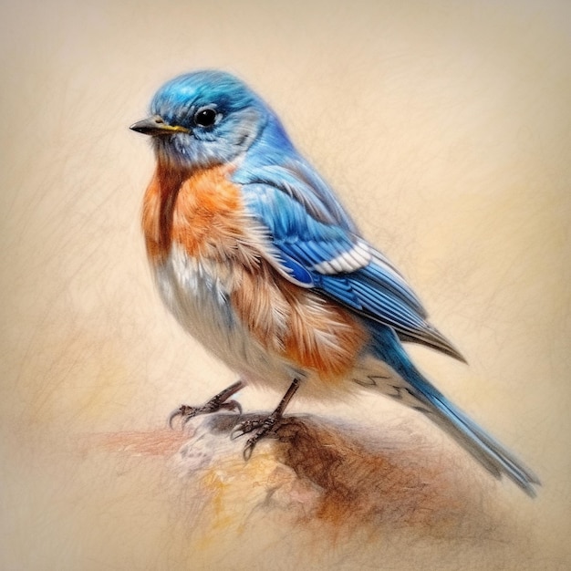 a painting of a blue bird with a yellow beak and blue feathers.