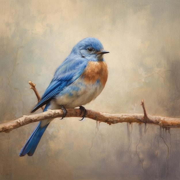 a painting of a blue bird with a yellow and orange wing.