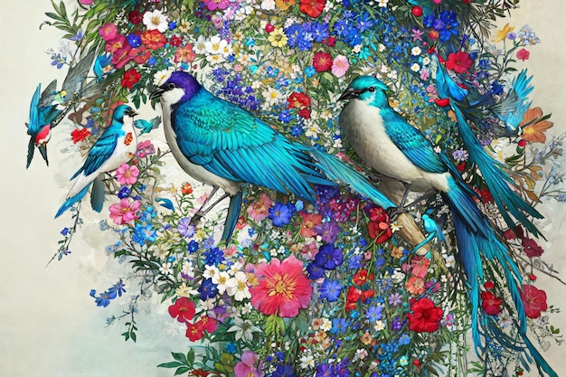 A painting of blue birds with a flower in the background.