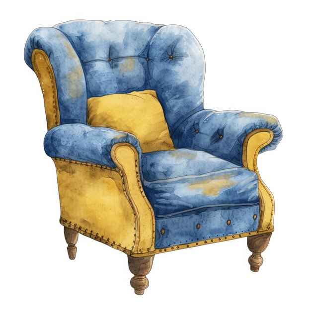 a painting of a blue chair with a gold trim