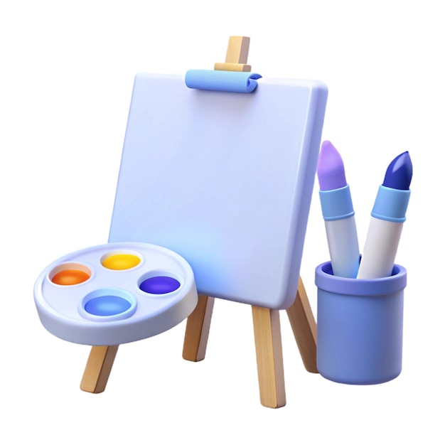 a painting of a blue crayon and pencils on a wooden easel