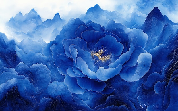 a painting of a blue flower with a gold star in the middle