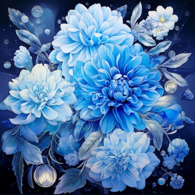 A painting of a blue flower with the words " blue " on it.