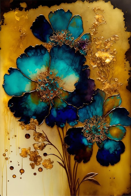 Painting of blue flowers on a yellow background generative ai