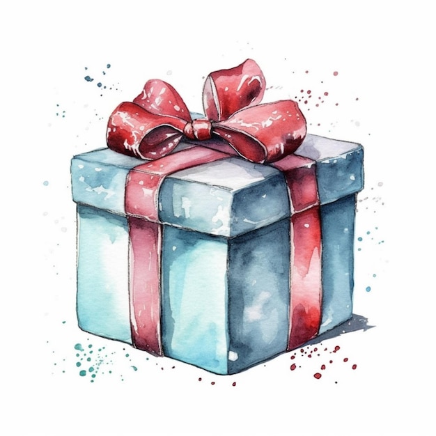 A painting of a blue gift box with a red bow generative ai