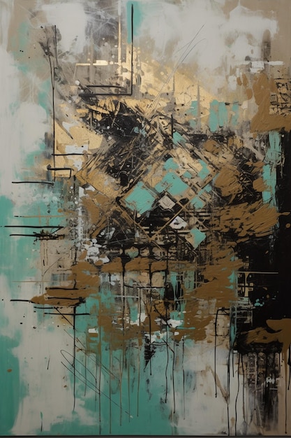 A painting of a blue and gold abstract with a white square and a green square.