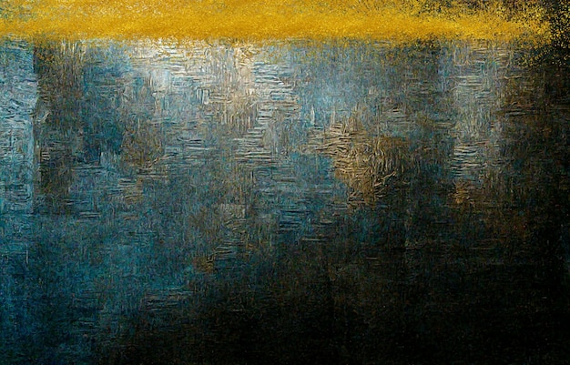 A painting of a blue and gold background with a golden sunset in the background.