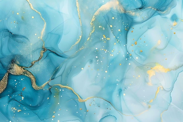 a painting of a blue and gold colored liquid with gold and white lines