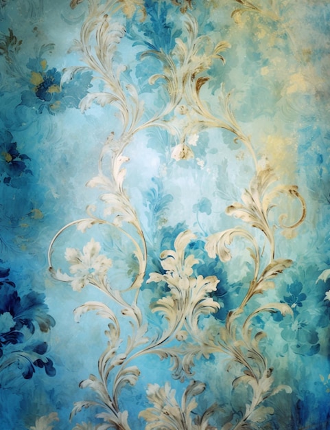 Painting of a blue and gold floral wallpaper with a white flower generative ai