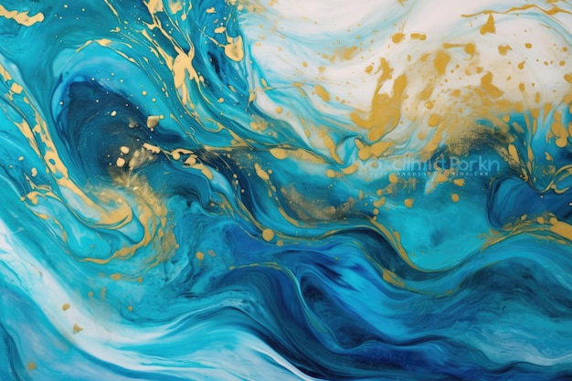 A painting of a blue and gold swirl with gold paint.