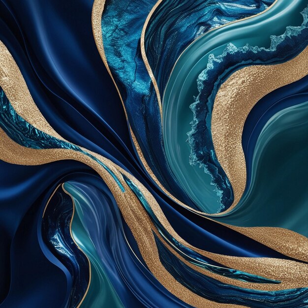 a painting of a blue and gold wave with gold and brown swirls