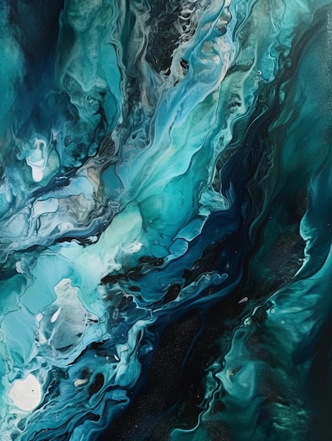 A painting of a blue and green abstract painting with a black background.