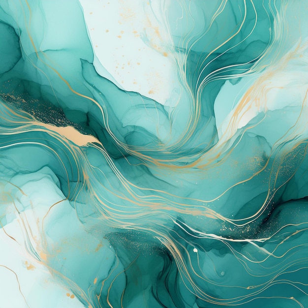 a painting of a blue and green colored liquid with a white background