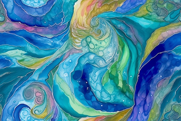 A painting of a blue and green swirl with the word ocean on it.