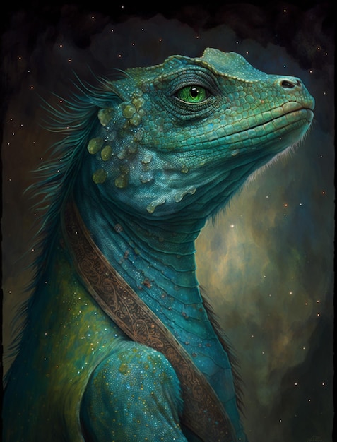 A painting of a blue iguana with a green eye.