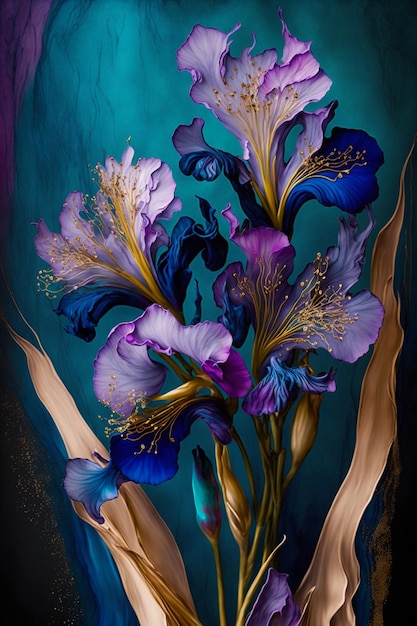 A painting of a blue iris with gold and purple flowers