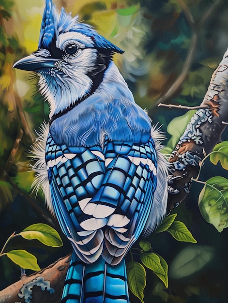 painting of a blue jay perched on a branch with leaves generative ai