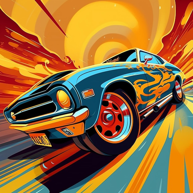 A painting of a blue muscle car with a flame painted license plate that says ford