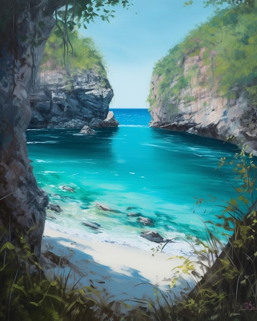 A painting of a blue ocean with a blue water and a cliff.