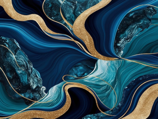 a painting of a blue ocean with gold and blue waves