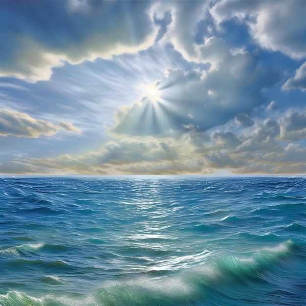 A painting of a blue ocean with the sun shining through the clouds.