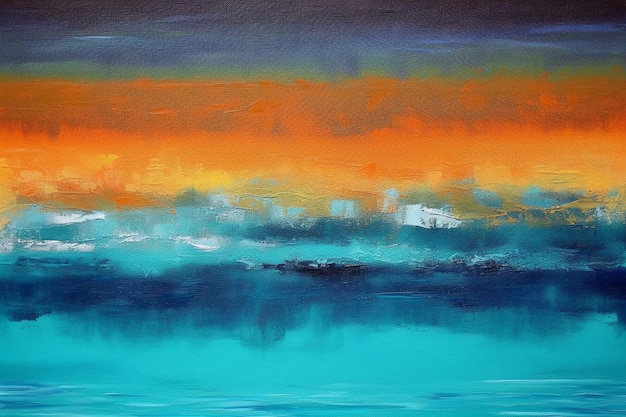 A painting of a blue ocean with a sunset in the background.