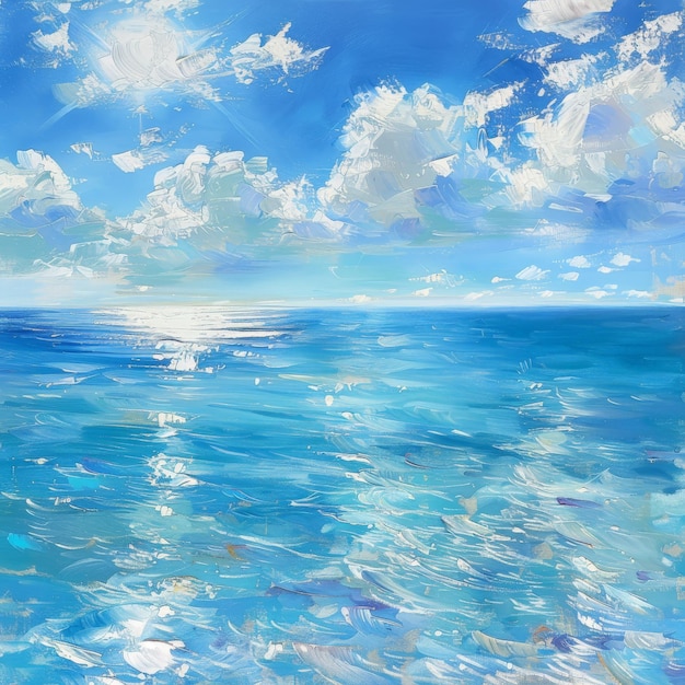 Photo a painting of a blue ocean with white clouds