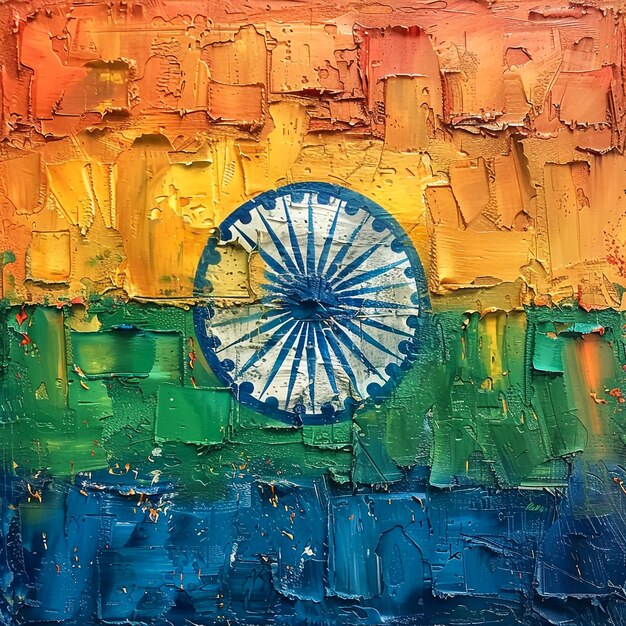 a painting of a blue and orange circle with the word indian on it