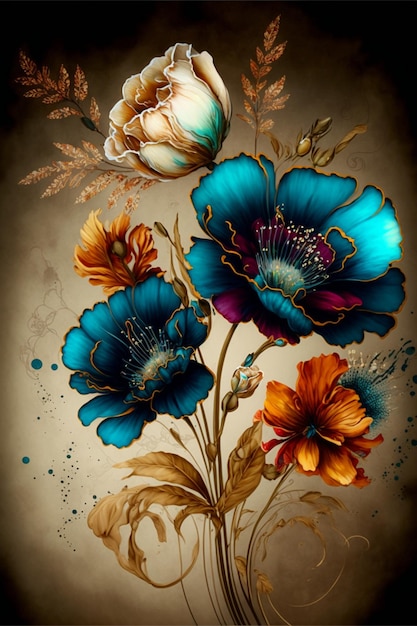 Painting of blue and orange flowers on a brown background generative ai