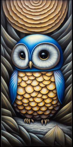 Painting of a blue owl with goldfished on tree branch generative ai