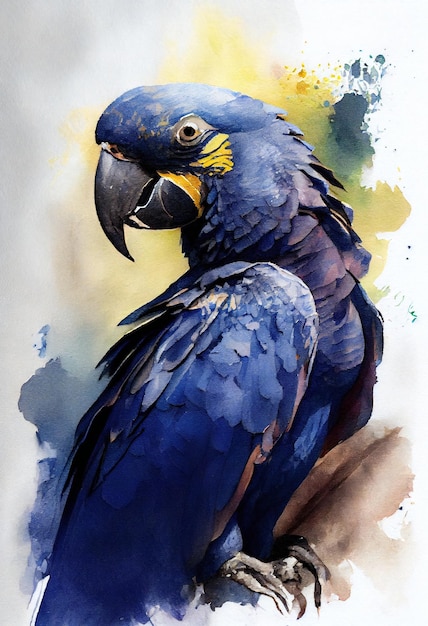 A painting of a blue parrot with yellow markings.