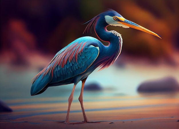 A painting of a blue and red bird with a long beak that says'the heron '