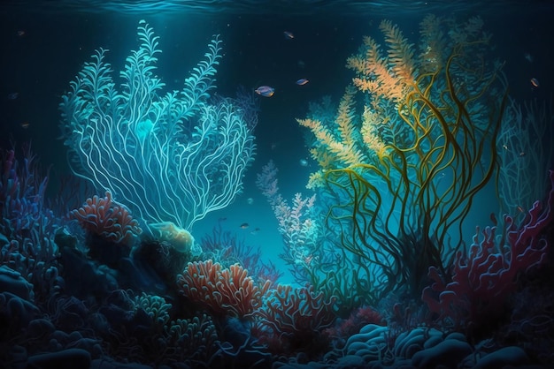 A painting of a blue sea with a coral reef and fish.