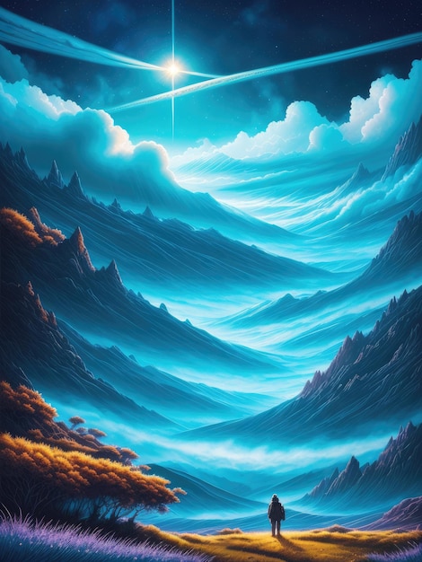 A painting of a blue sky with clouds and mountains in the background