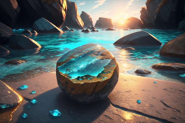 A painting of a blue stone in the water with the sun shining on it.