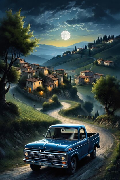 Painting of a blue truck driving down a dirt road in a rural area