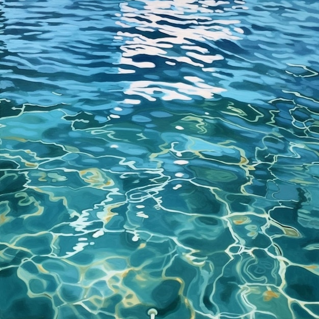 A painting of a blue water with a white boat in the water.