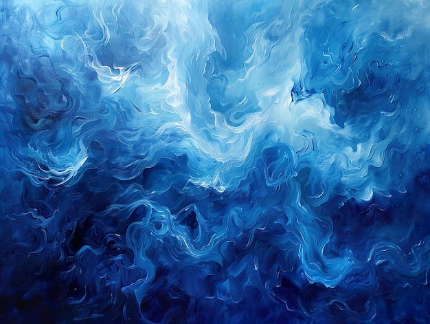 a painting of a blue wave with the title  the blue  on it