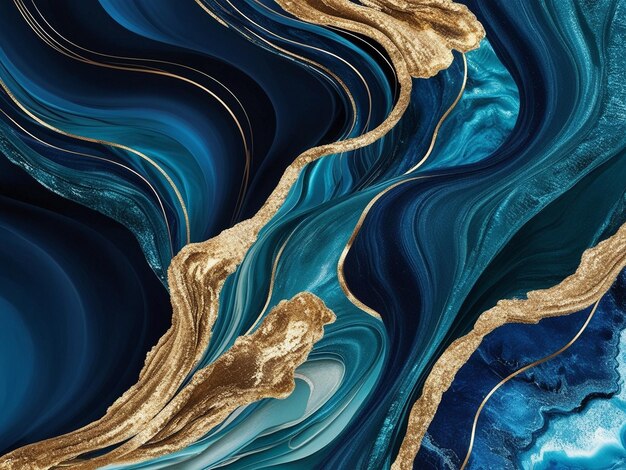 a painting of a blue and white ocean with a gold colored wave