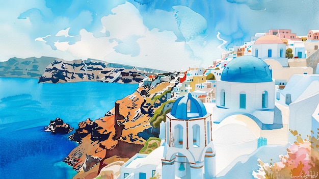 Painting of a Blue and White Town by the Ocean