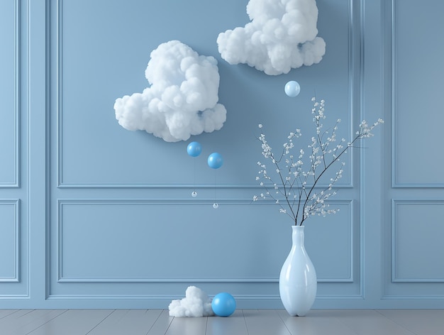 Photo a painting of blue and white vases with blue and white clouds in the background