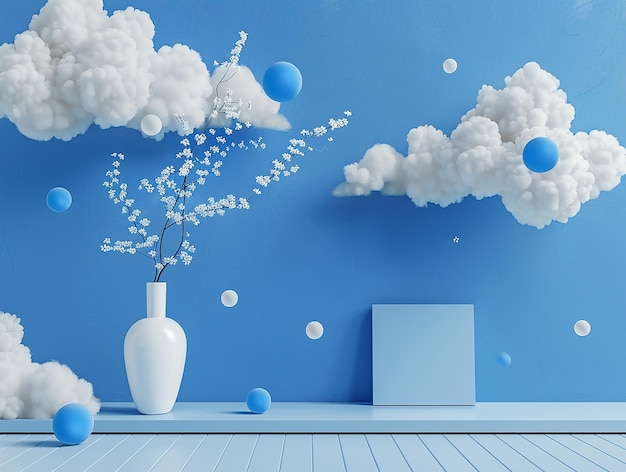 Photo a painting of blue and white vases with blue and white clouds in the background