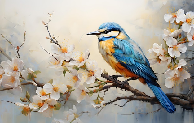 a painting of a blue and yellow bird with a yellow and orange body