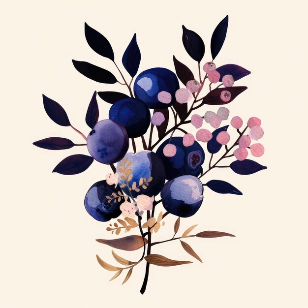 a painting of blueberries and purple flowers