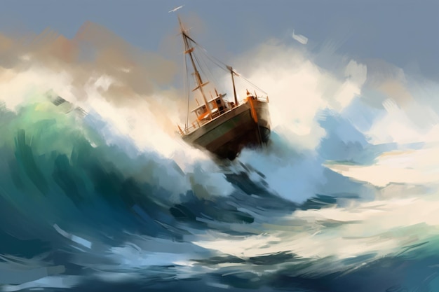 a painting of a boat in a big wave